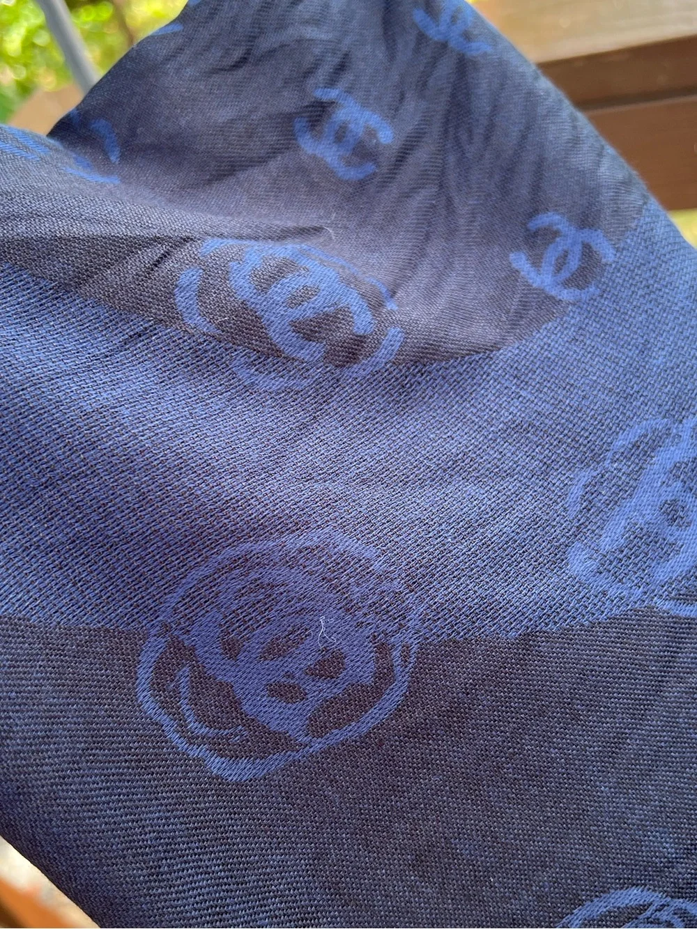 Chanel • Oversized Camellia Silk Wool Logo Scarf / Shawl – Navy Blue Spring 2012